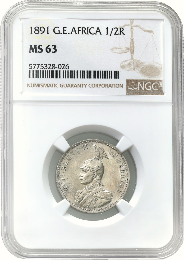 Niemcy. DOA, Afryka Wschodnia. Wilhelm II (1888-1918) 1/2 rupii 1891 NGC MS63